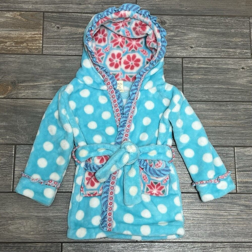 Matilda Jane Robe Girls Size XS Plush Belted Hooded Polka Dot Floral Pockets 4 5 - Picture 2 of 12
